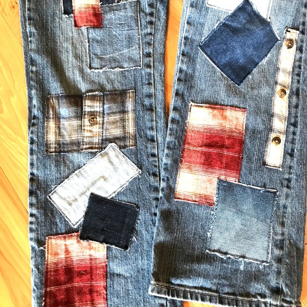 Upcycled Flannel Patchwork Jeans, Distressed Denim & Plaid Patches, Size 10P - Picture 6 of 12